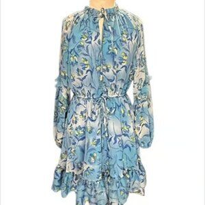 Prabal Gurung Cottagecore Blue Floral Long Sleeve Ruffle Mini Dress Tie Neck MED
